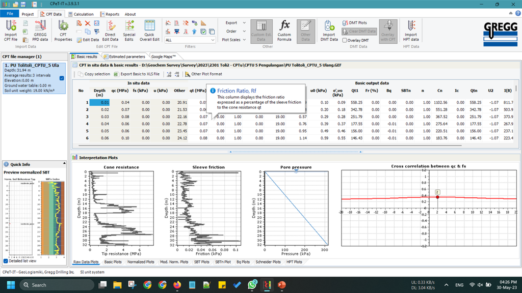 Software Pengolahan Data CPTu menggunakan CPeT-IT untuk mendapatkan data SBT (Soil Behaviour Type)